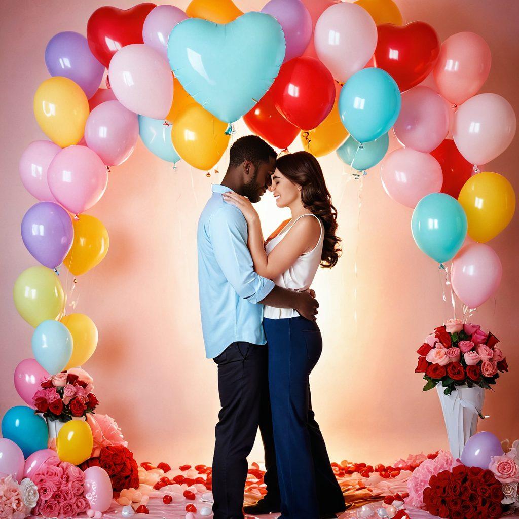An intimate scene depicting a diverse couple sharing a large heart-shaped balloon, surrounded by soft pastel colors. Illustrate an abundance of roses and chocolates around them, symbolizing romance and affection, with warm, glowing lights in the background. Emphasize their joyful expressions as they embrace, reflecting the theme of love. super-realistic. vibrant colors. soft focus.