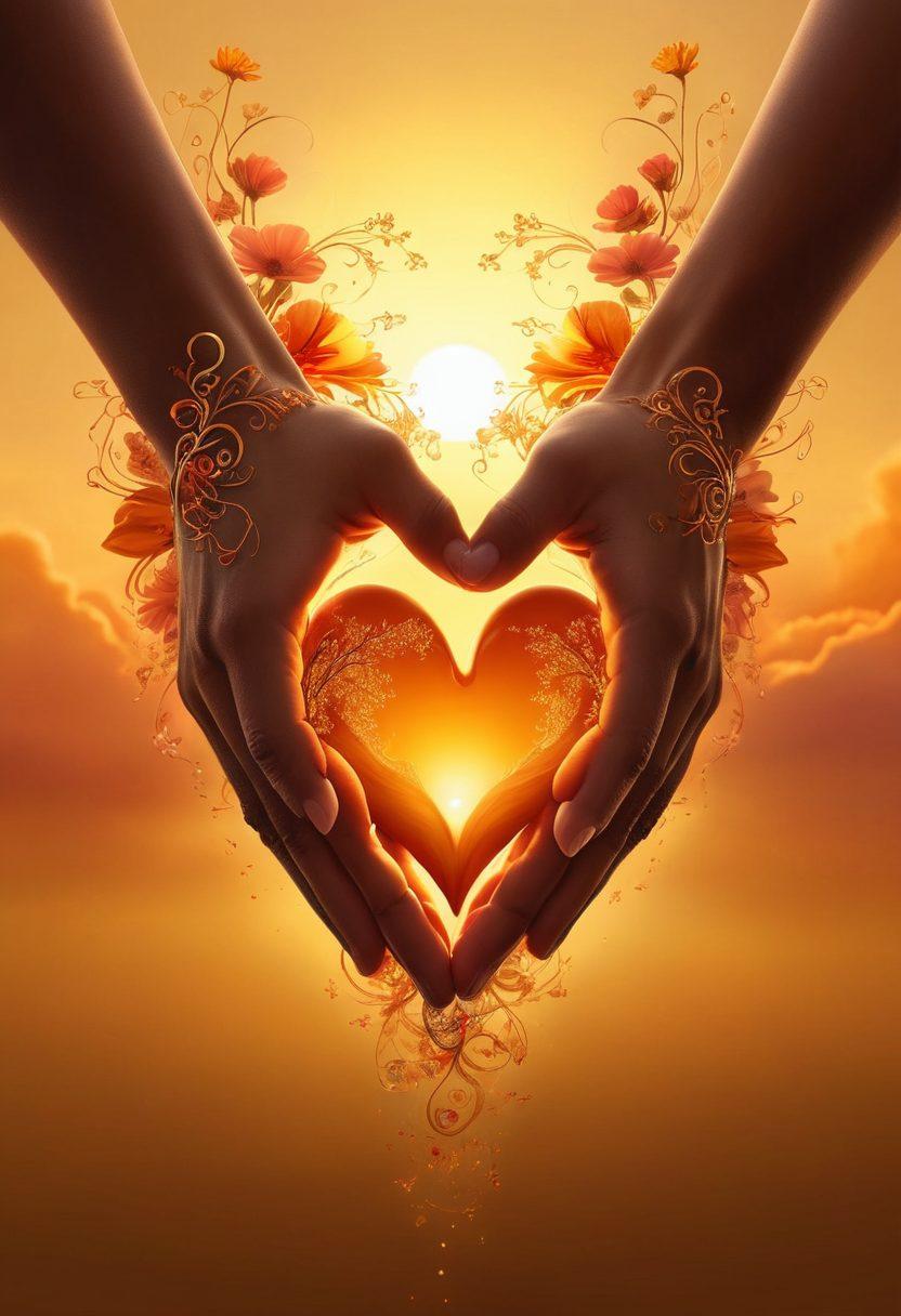 A vibrant heart enveloped in radiating light, symbolizing the transformative journey from passion to devotion. Incorporate elements of entwined hands and blooming flowers, showcasing deep emotional connections. The background features a serene sunset, casting warm golden hues that enhance the feelings of love and commitment. Include abstract swirls of color to represent the energy of massive love offers. ultra-realistic. vibrant colors. warm tones.