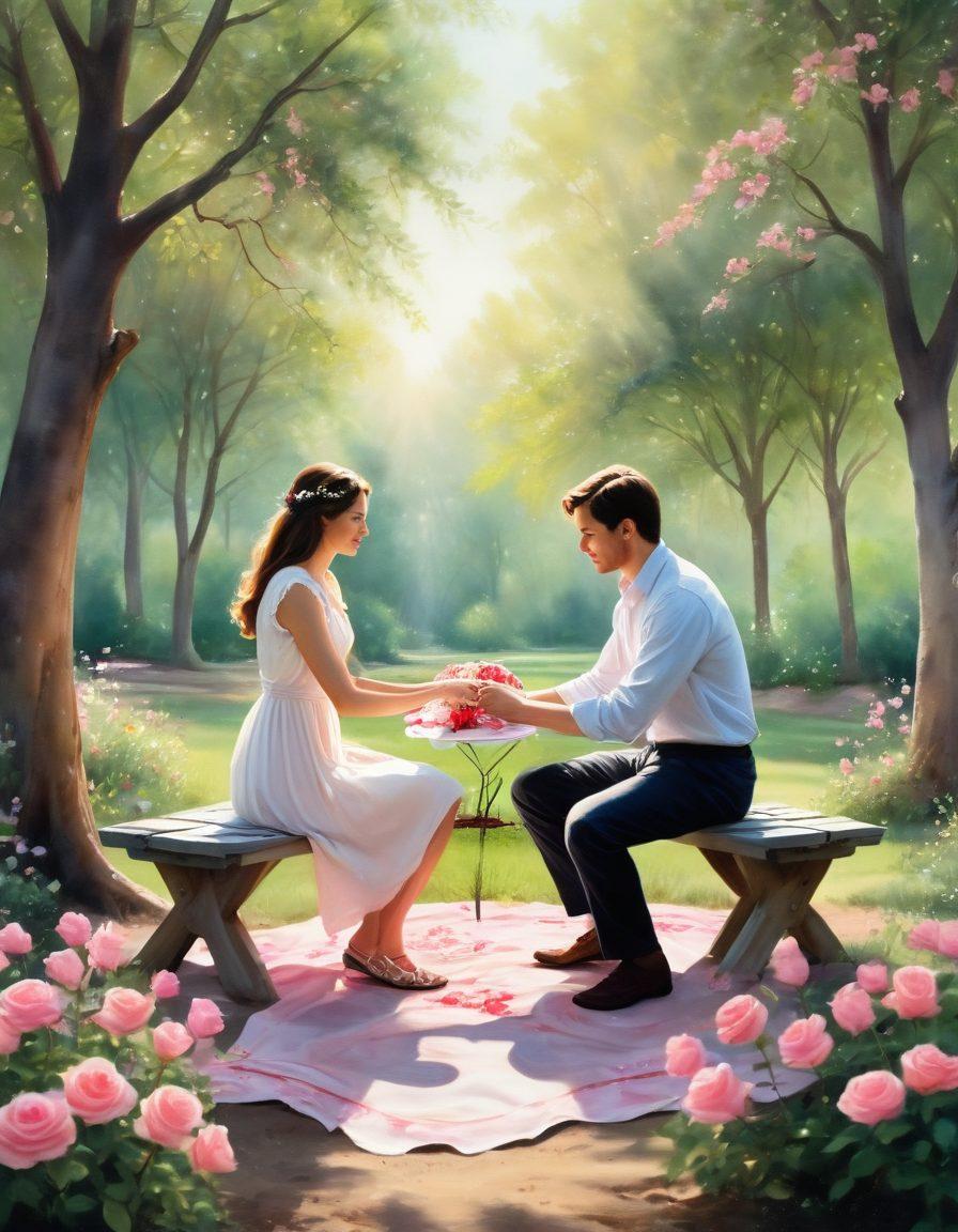 A warm, intimate scene depicting a couple holding hands with soft sunlight filtering through trees, surrounded by blooming roses symbolizing love and passion. In the background, a cozy picnic setup with heart-shaped decorations and a gentle breeze adding a sense of serenity. Emphasize romantic ambiance and deep emotional connection. watercolor painting. soft pastel colors. ethereal atmosphere.